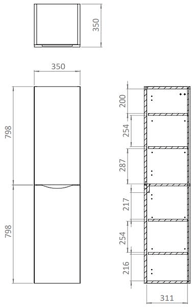 Technical image of Crosswater Glide II Wall Hung Tower Unit (1600x350mm, Matt Black).