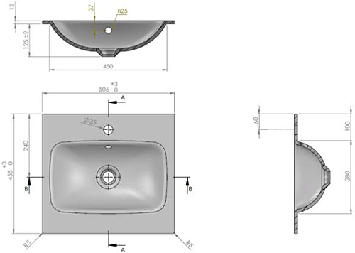 Technical image of Crosswater Limit Wall Hung Unit, White Glass Basin (500mm, Stone, 1TH).
