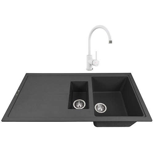 1810 Kitchen Sink & Tap Pack, 1.5 Bowl (1000x500, Black & Polar White).