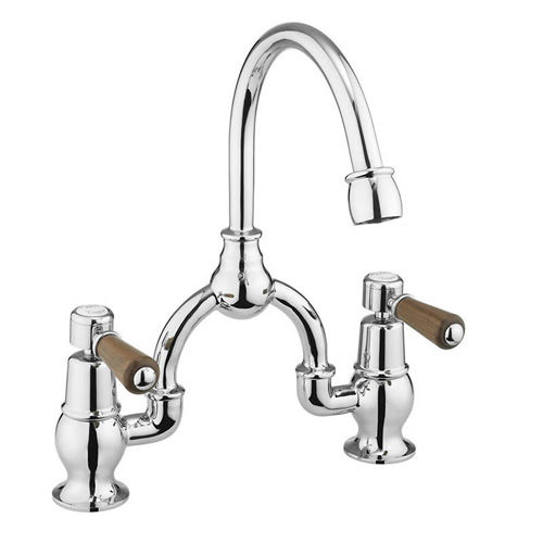 Burlington Kensington 2 Hole Arch Basin Mixer Tap (Chrome & Walnut, 230mm).