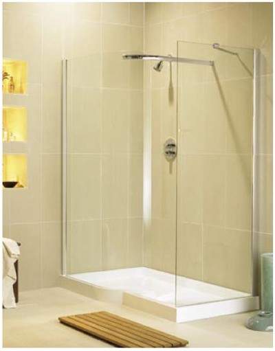 Image Allure right hand 1600x900 walk-in shower enclosure and shower tray.
