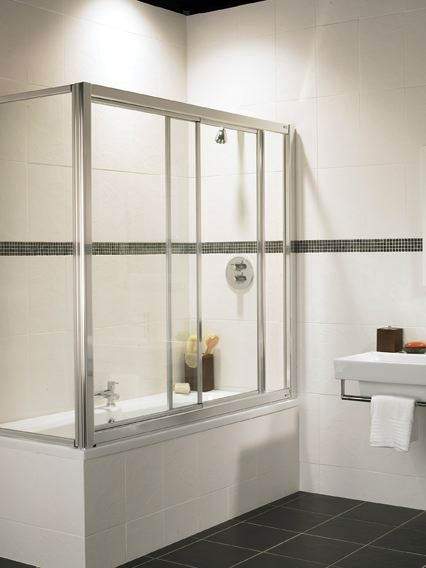 Image Coral Overbath sliding screen and end panel with chrome frame.