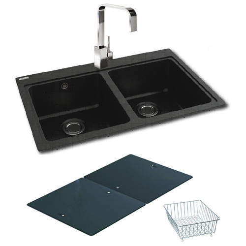 Carron Phoenix Double Bowl Granite Sink & Black Glass 802x520mm (Black).