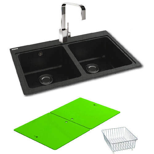 Carron Phoenix Double Bowl Granite Sink & Green Glass 802x520mm (Black).