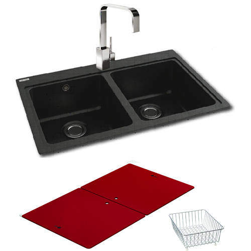 Carron Phoenix Double Bowl Granite Sink & Red Glass 802x520mm (Black).