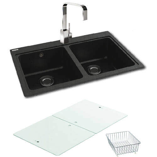 Carron Phoenix Double Bowl Granite Sink & White Glass 802x520mm (Black).