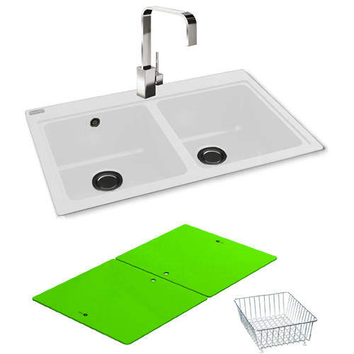 Carron Phoenix Double Bowl Granite Sink & Green Glass 802x520mm (White).