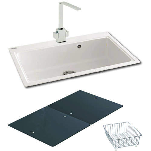 Carron Phoenix Single Bowl Granite Sink & Black Glass 802x520mm (White).