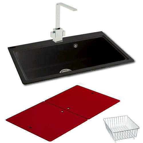 Carron Phoenix Single Bowl Granite Sink & Red Glass 802x520mm (Black).