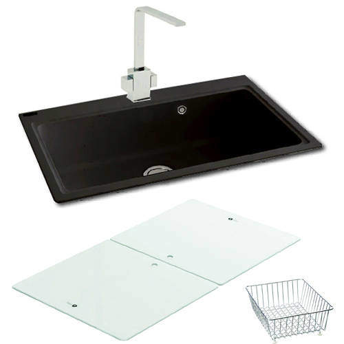 Carron Phoenix Single Bowl Granite Sink & White Glass 802x520mm (Black).