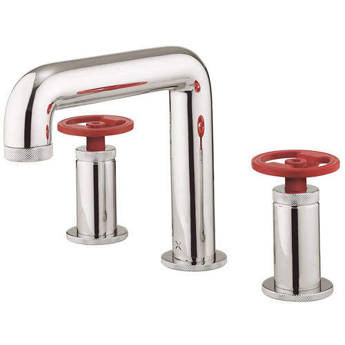 Crosswater UNION Three Hole Deck Mounted Basin Mixer Tap (Chrome & Red).