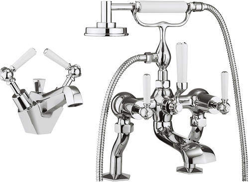 Crosswater Waldorf Basin & Bath Shower Mixer Tap Pack (White Handles).