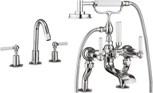 Crosswater Waldorf 3 Hole Basin & Bath Shower Mixer Tap (White Handles).