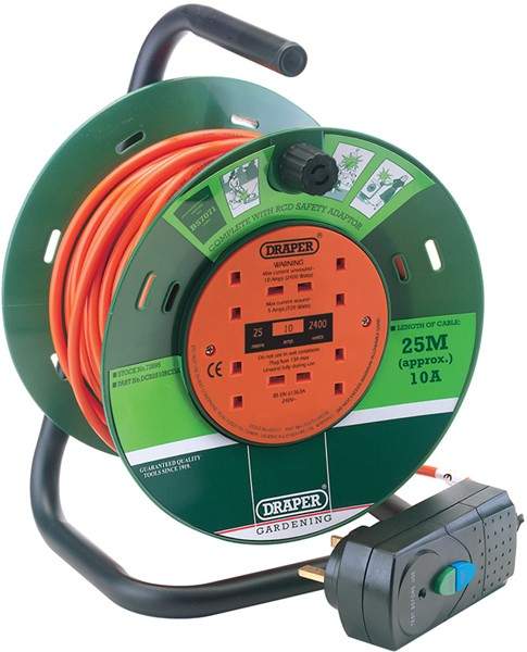 Draper 25 Meter Four Socket Garden Cable Reel With RCD Adaptor (230V).
