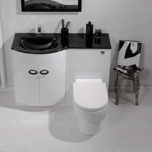 Italia Furniture Vanity Unit Pack With BTW Unit & Black Glass Basin (LH, White).