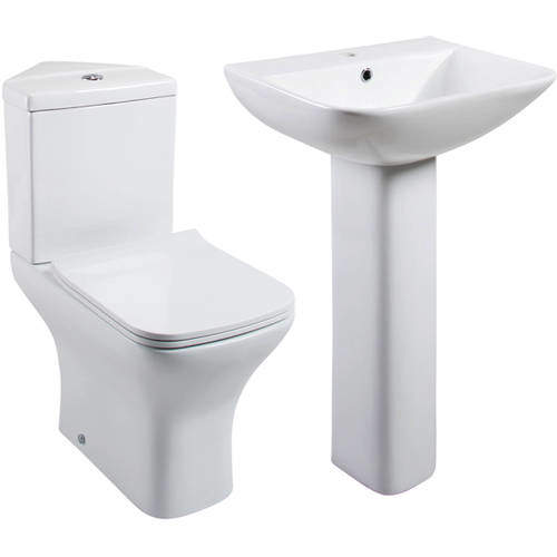 Oxford Fair Bathroom Suite With Corner Toilet, Seat, Basin & Pedestal.