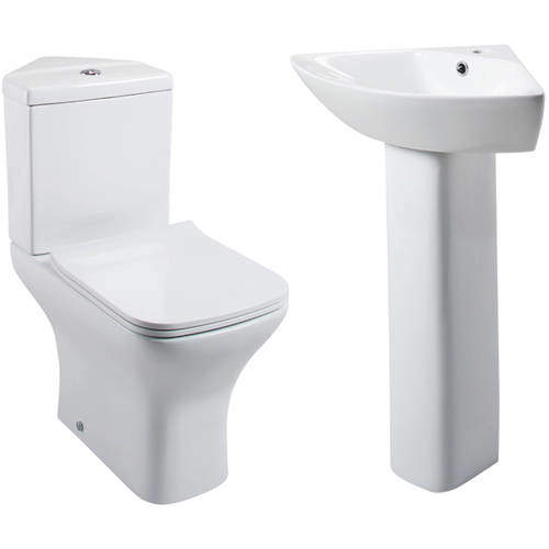 Oxford Fair Bathroom Suite, Corner Toilet, Seat, Corner Basin & Pedestal.