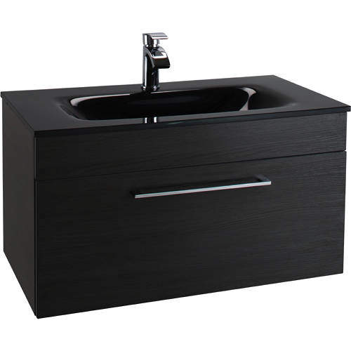 Italia Furniture 800mm Vanity Unit With Drawer & Black Glass Basin (Black).