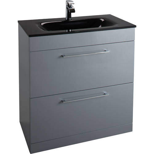 Italia Furniture 800mm Vanity Unit With Drawers & Black Glass Basin (Grey).