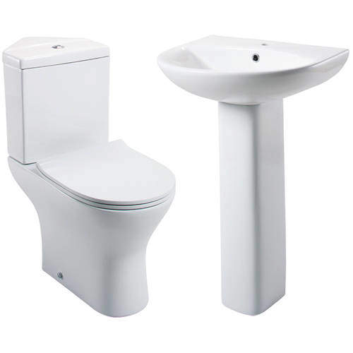 Oxford Spek Bathroom Suite With Corner Toilet, Seat, Basin & Full Pedestal.