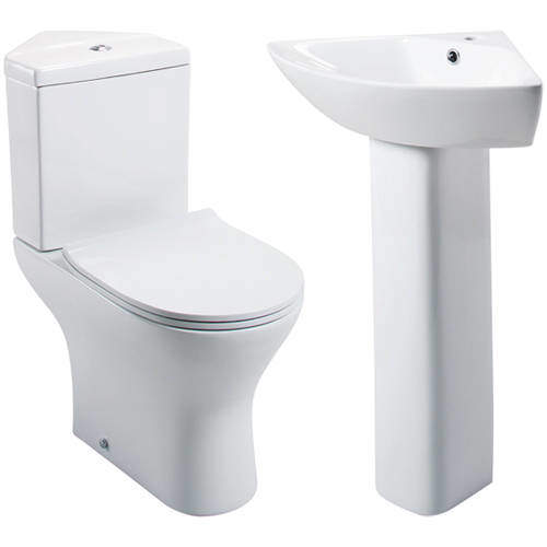 Oxford Spek Bathroom Suite, Corner Toilet, Seat, Corner Basin & Pedestal.