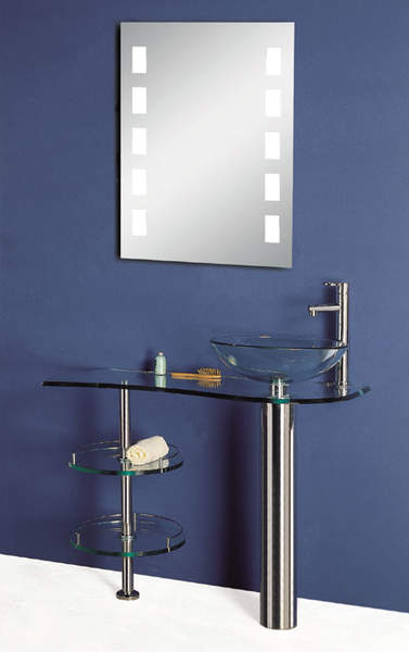 Lucy Tyrone glass basin set with shelves.