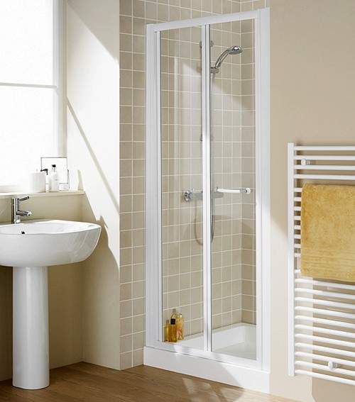 Lakes Classic 900mm Semi-Frameless Bi-Fold Shower Door (White).