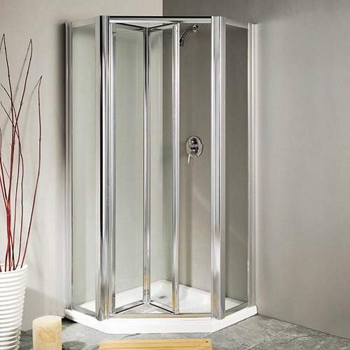 Lakes Classic Pentagon Framed Shower Enclosure, Bi-Fold Door & Tray (Silver).