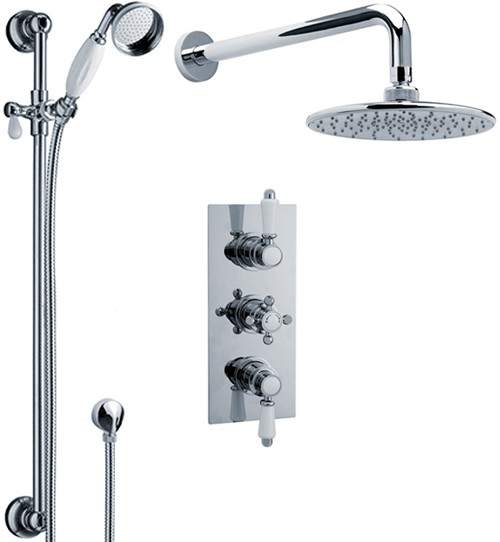 Crown Showers Triple Thermostatic Shower Valve, Slide Rail Kit, Head & Arm.