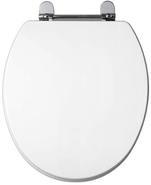 daVinci White gloss modern toilet seat with chrome hinges.