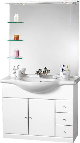 daVinci 1050mm Contour Vanity Unit with ceramic basin, mirror and shelves.