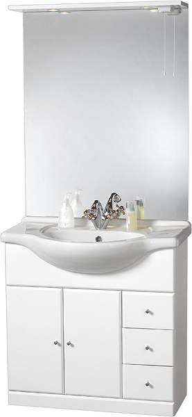 daVinci 850mm Contour Vanity Unit with ceramic basin, mirror and lights.