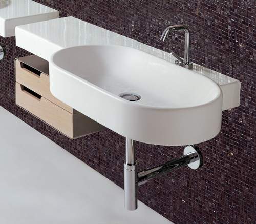 Flame 1 Tap Hole Long Oval Wall Hung Basin With Drawer Unit. 1130 x 500mm.