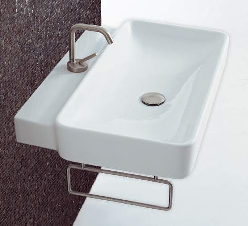Flame 1 Tap Hole Rectangle Wall Hung Basin With Rail. 690x500mm.