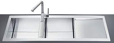 Smeg Sinks 2.0 Bowl Stainless Steel Flush Fit Sink, Right Hand Drainer.