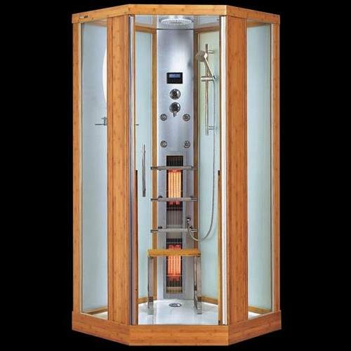 Hydra Corner Steam Shower & Sauna Cubicle (Bamboo). 1000x1000mm.