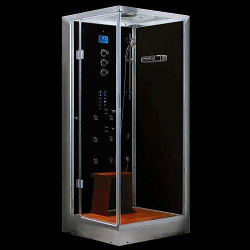 Hydra Square Steam Shower Enclosure (Black, Oak, Left Handed). 800x800.