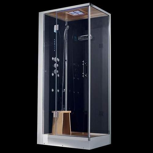 Hydra Steam Shower Enclosure (Black, Teak, Left Handed). 900x700mm.