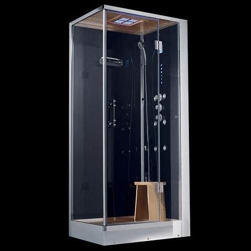 Hydra Steam Shower Enclosure (Black, Teak, Right Handed). 900x700mm.