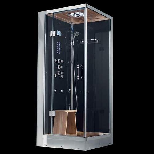 Hydra Square Steam Shower Enclosure (Black, Teak, Left Hand). 900x900.