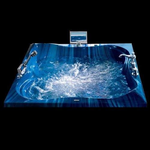 Hydra Large Square Sunken Whirlpool Bath With TV (Blue). 1500x1500mm.