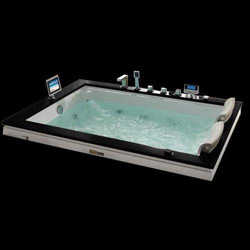 Hydra Large Sunken Whirlpool Bath With TV & Oak Surround. 1860x1560.