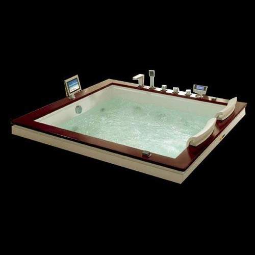 Hydra Square Sunken Whirlpool Bath With TV & Oak Surround. 1760x1760.