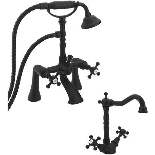 Tre Mercati Allora Basin Mixer & Bath Shower Mixer Tap Pack (Matt Black).