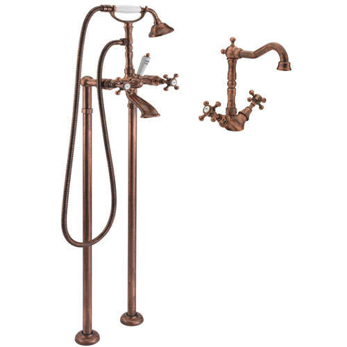 Tre Mercati Allora Basin Mixer & Floor Standing Bath Shower Mixer Tap (Copper).