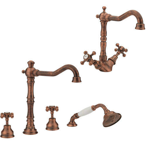 Tre Mercati Allora Basin & 4 Hole Bath Shower Mixer Tap Pack (Copper).