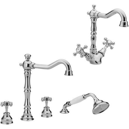 Tre Mercati Allora Basin & 4 Hole Bath Shower Mixer Tap Pack (Chrome).