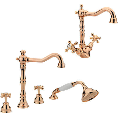 Tre Mercati Allora Basin & 4 Hole Bath Shower Mixer Tap Pack (Rose Gold).