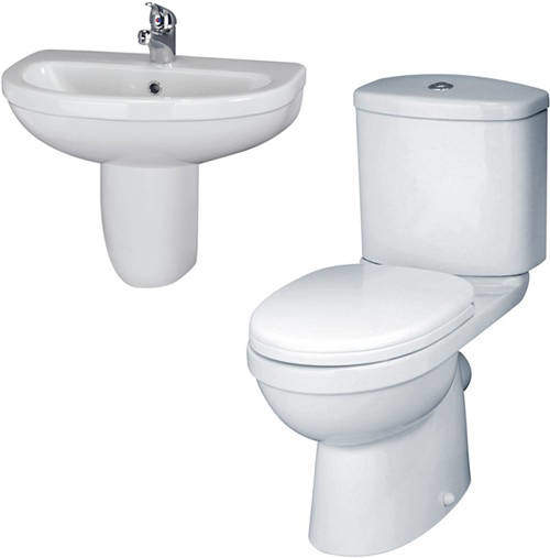 Crown Ceramics Ivo Suite With Toilet, 550mm Basin & Semi Pedestal (1 Tap Hole).