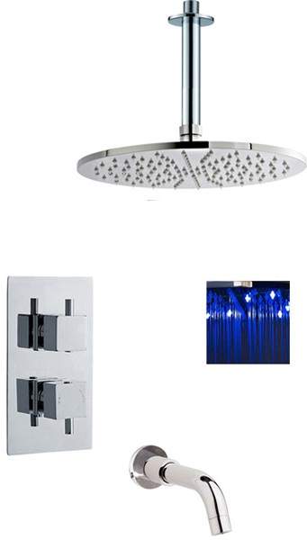 Premier Showers Twin Thermostatic Shower Valve, LED Head & Bath Spout.